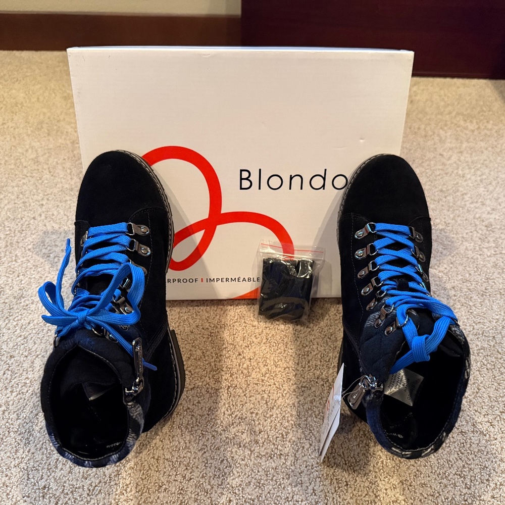 NWT: BLONDO Black Suede /Blue Plaid, Lace Up (Side Zipper) Ankle Boots